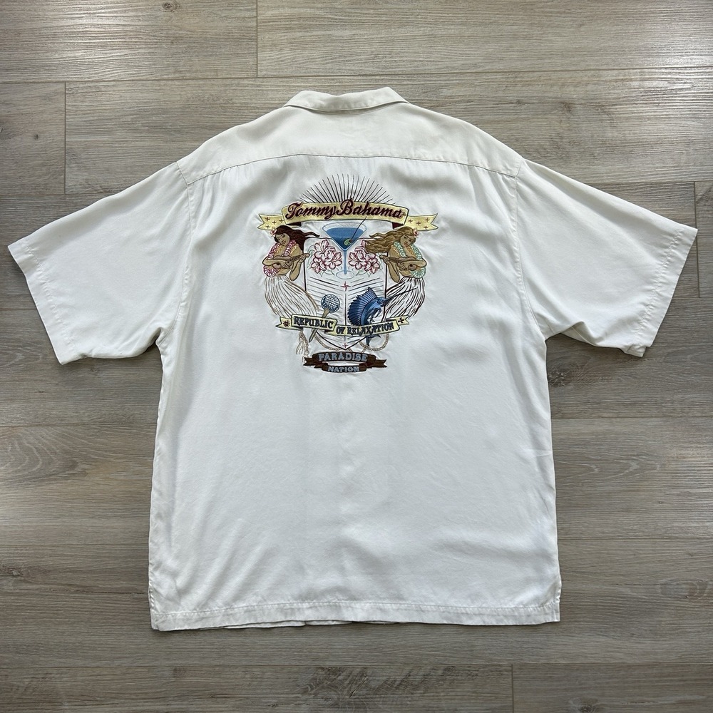 Tommy Bahama Men's XL Ivory Silk "Republic of Relaxation/Paradise Nation" Embd.